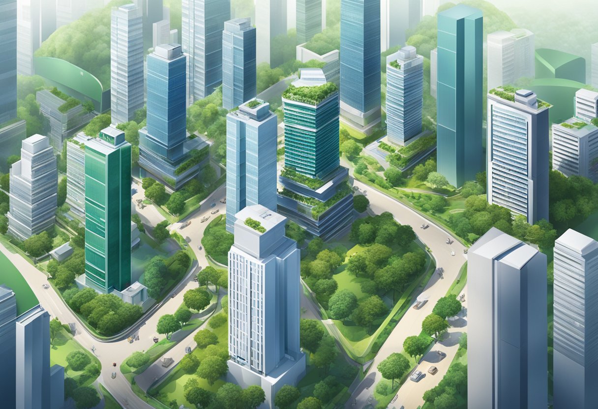 A bustling cityscape with modern skyscrapers and lush greenery in Bosch Singapore