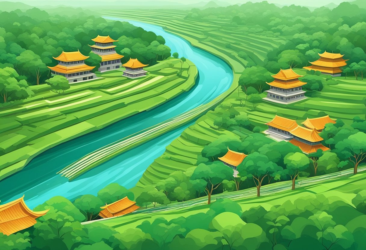 The flowing Bengawan Solo river cuts through lush greenery, with traditional Javanese architecture lining its banks, symbolizing the rich history and legacy of the area