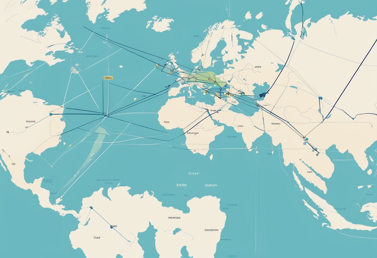 A clock showing 8pm in New York and a world map with a line connecting New York to Singapore, indicating the time difference