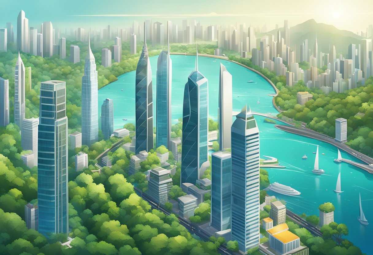 A bustling cityscape with iconic skyscrapers and futuristic architecture, set against a backdrop of lush greenery and a sparkling waterfront