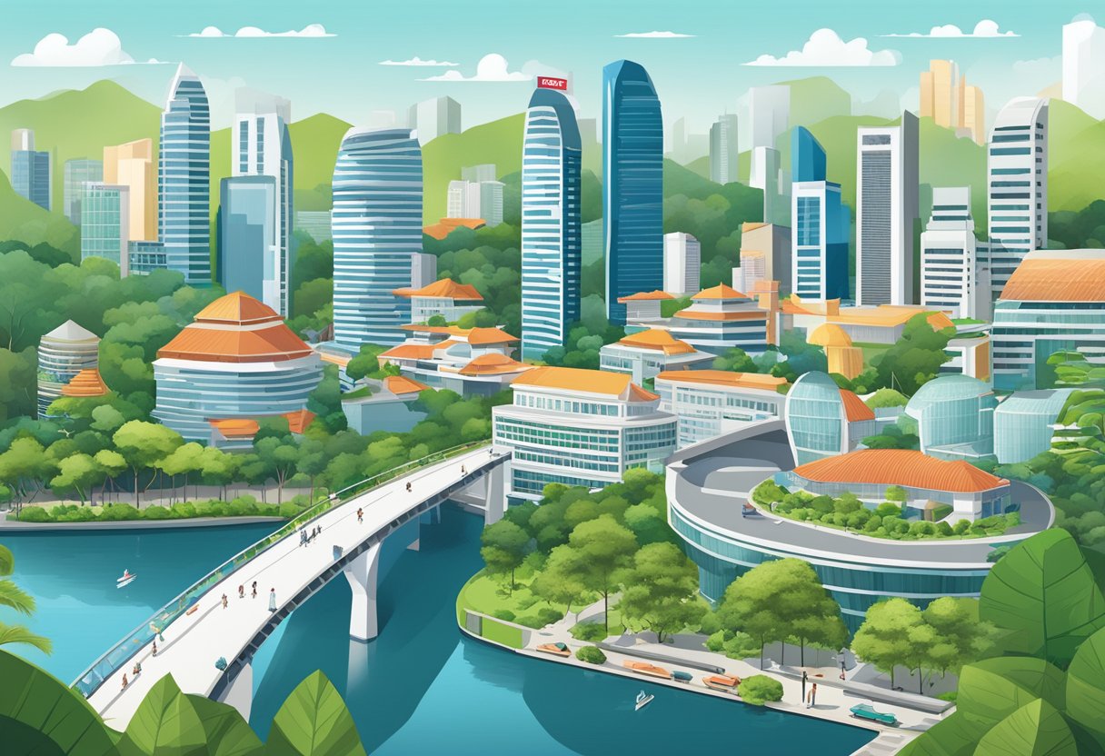 A bustling cityscape with iconic Bosch buildings and landmarks, surrounded by lush greenery and modern architecture in Singapore