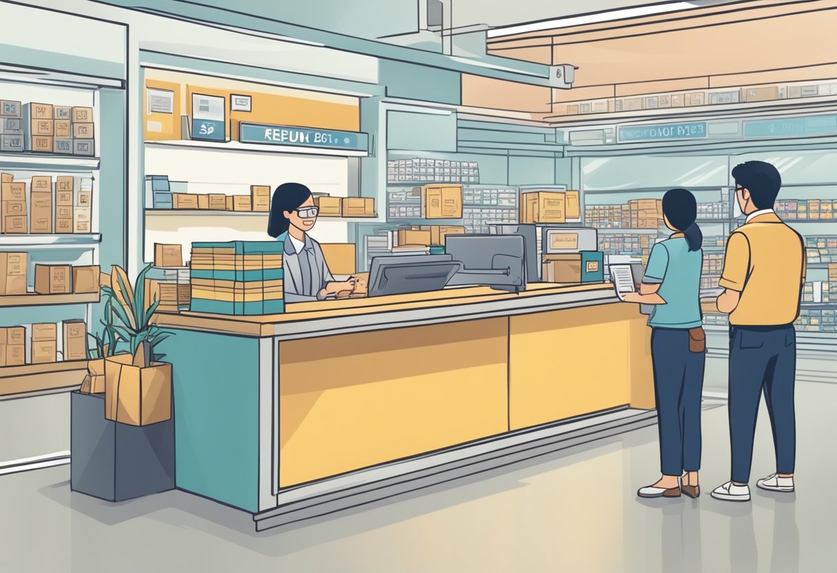 A customer receiving a refund from a store in Singapore, while a government official oversees the transaction to ensure consumer rights and protection