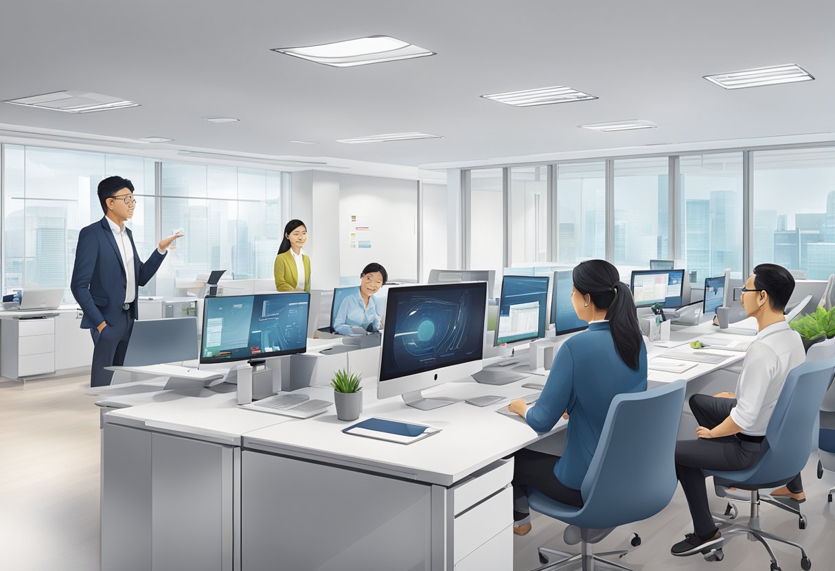 Employees at Bosch Singapore interact with innovative technology in a modern office setting