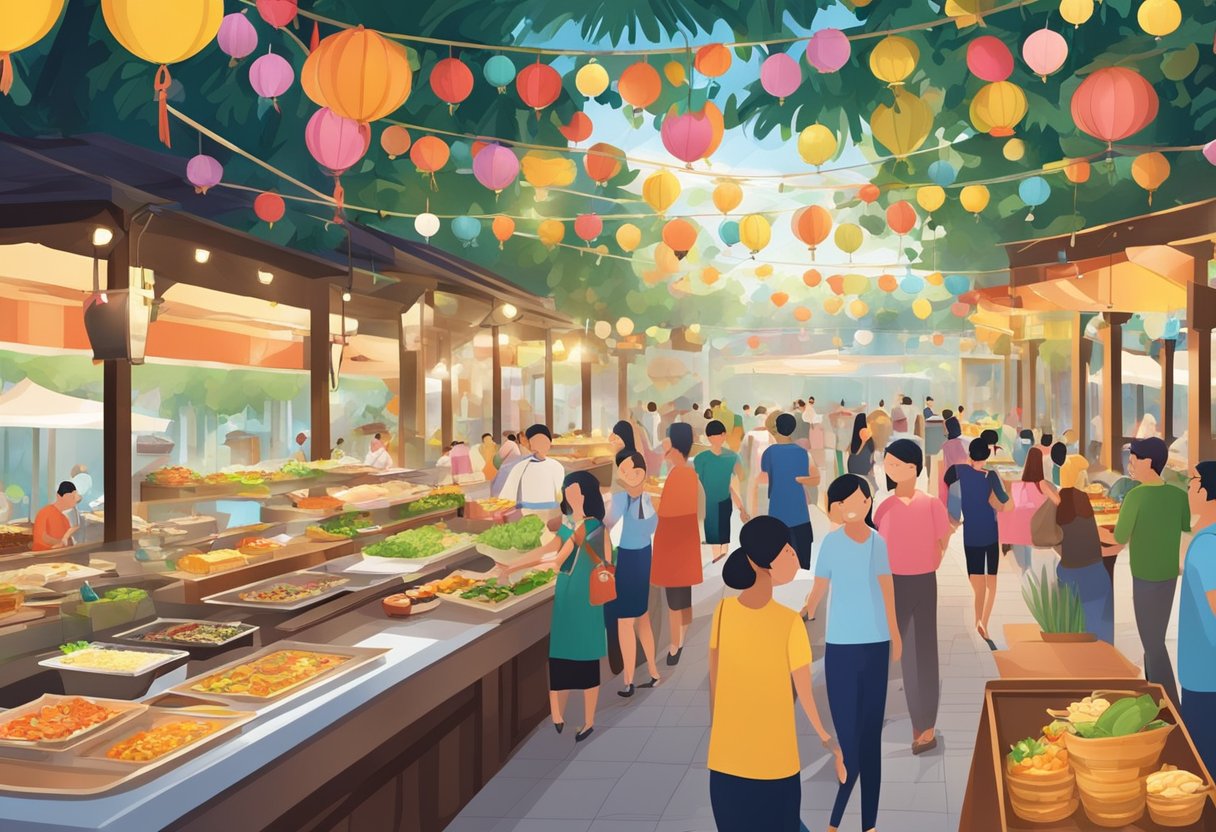 A bustling buffet town in Singapore with a diverse array of food stations, colorful decorations, and lively atmosphere