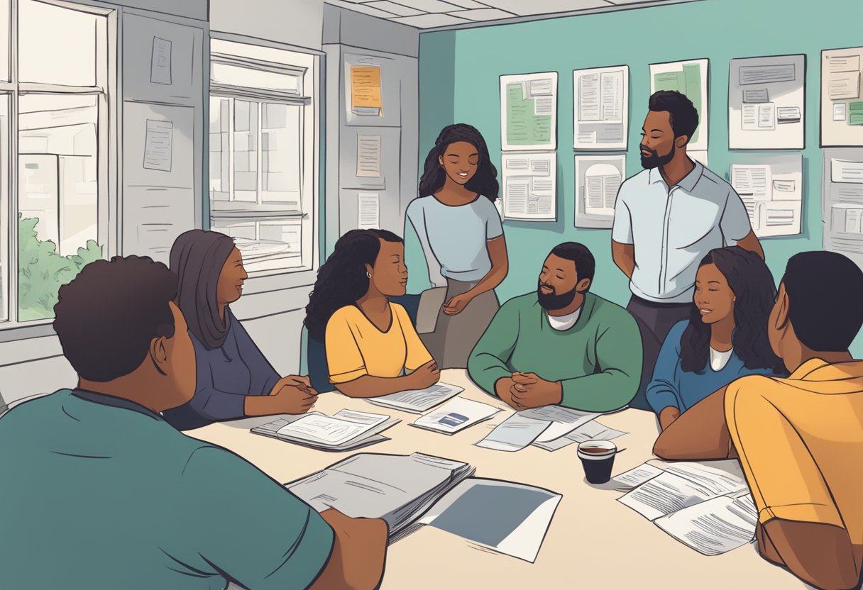 A group of people gather around a table, discussing and sharing resources in a supportive environment. Posters and pamphlets adorn the walls, highlighting available services