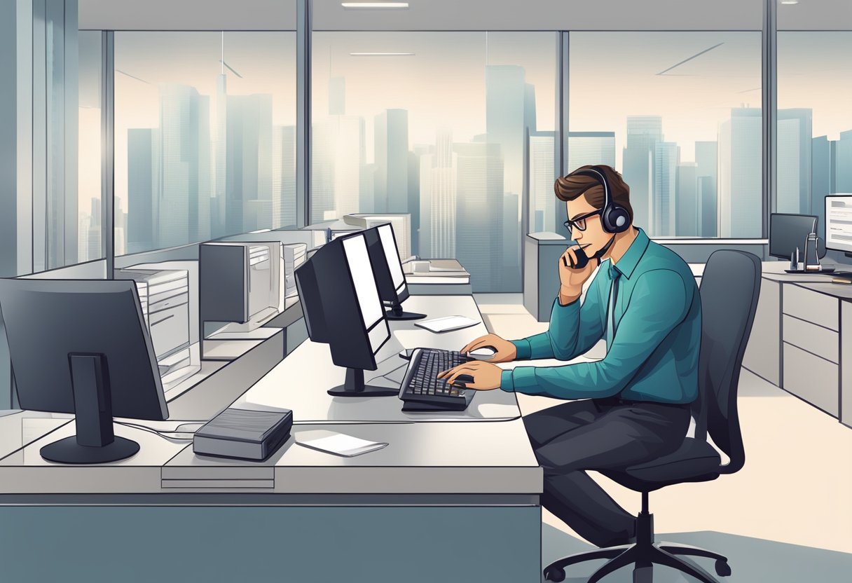 A customer service representative answering questions at a desk with a computer and a phone in a modern office setting