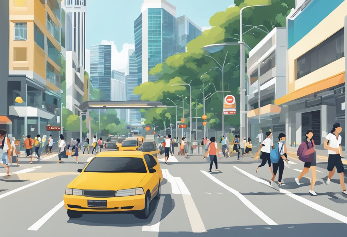 A bustling city street with a prominent sign reading "Frequently Asked Questions" in Singapore. Pedestrians and traffic pass by in the background