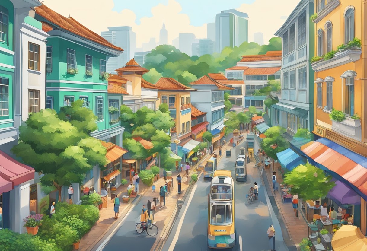 A bustling street in Singapore with colorful buildings and lush greenery, surrounded by shops and restaurants