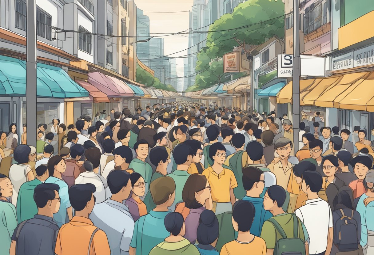 A crowded street with a sign for "Bengawan Solo Singapore" and people lining up with questions