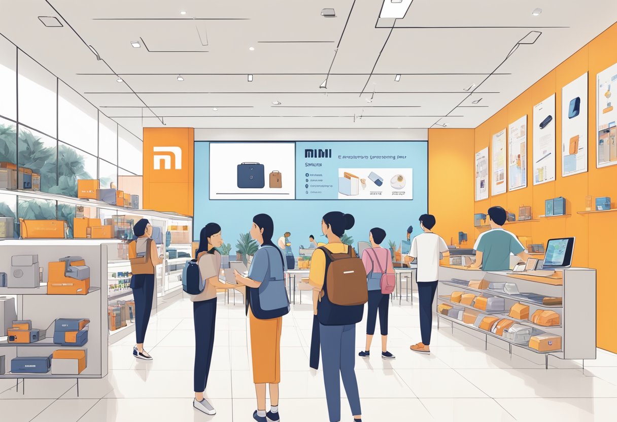 A bustling Xiaomi shop in Singapore with customers browsing products, staff assisting, and a prominent "Frequently Asked Questions" sign displayed