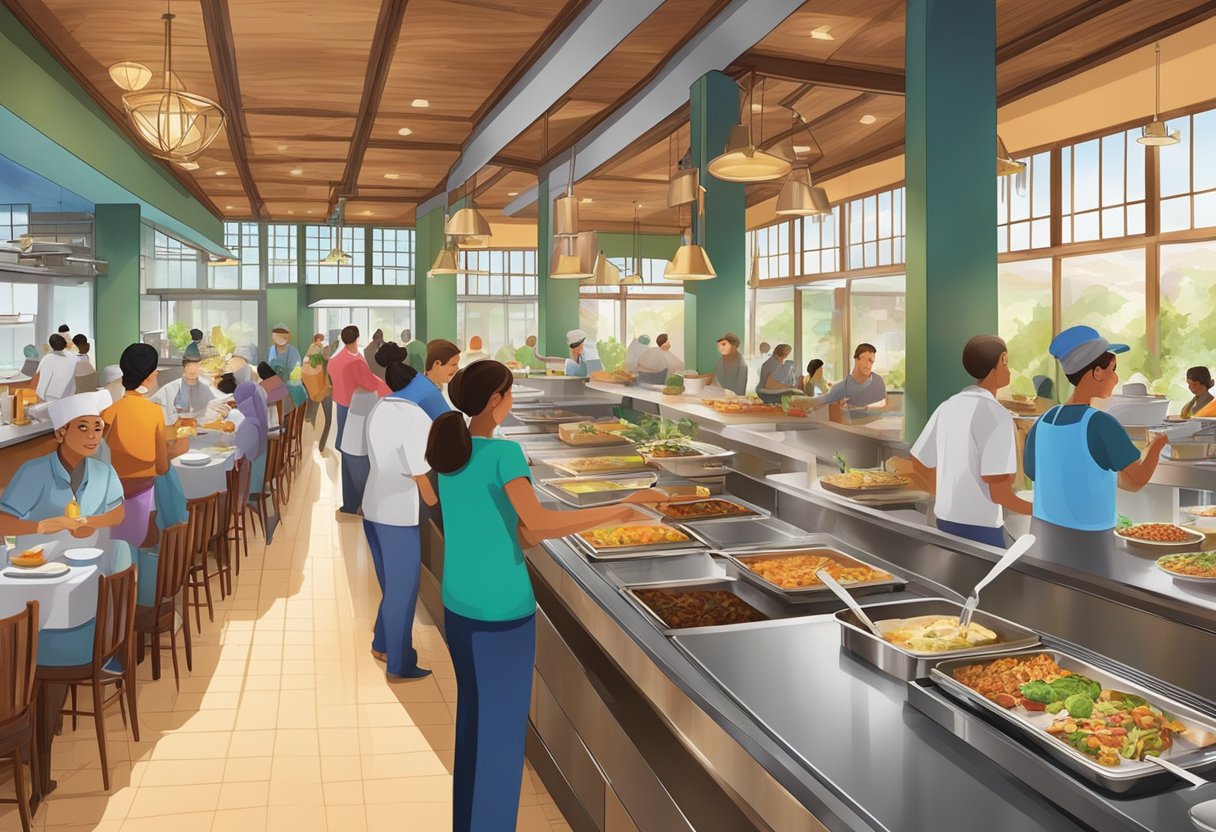 A bustling dining hall with a wide array of international cuisine, patrons serving themselves at buffet stations, and a vibrant atmosphere with live cooking stations