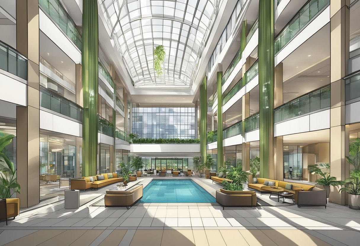 The Holiday Inn Singapore Atrium is a modern, spacious hotel lobby with sleek, contemporary design and a stunning glass atrium that floods the space with natural light
