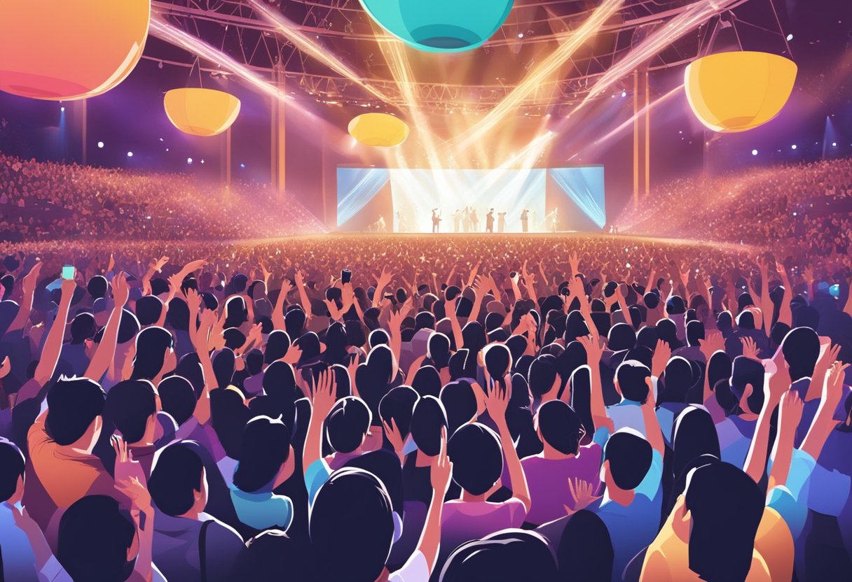Crowd cheers at iu concert in singapore. Stage lights illuminate singer. Fans wave lightsticks