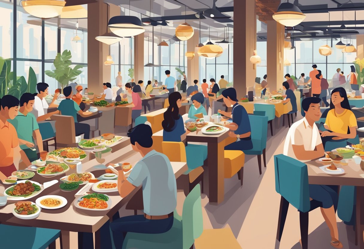 People enjoying a variety of international cuisines at a bustling buffet restaurant in Singapore. Tables filled with delicious dishes and diners chatting and laughing