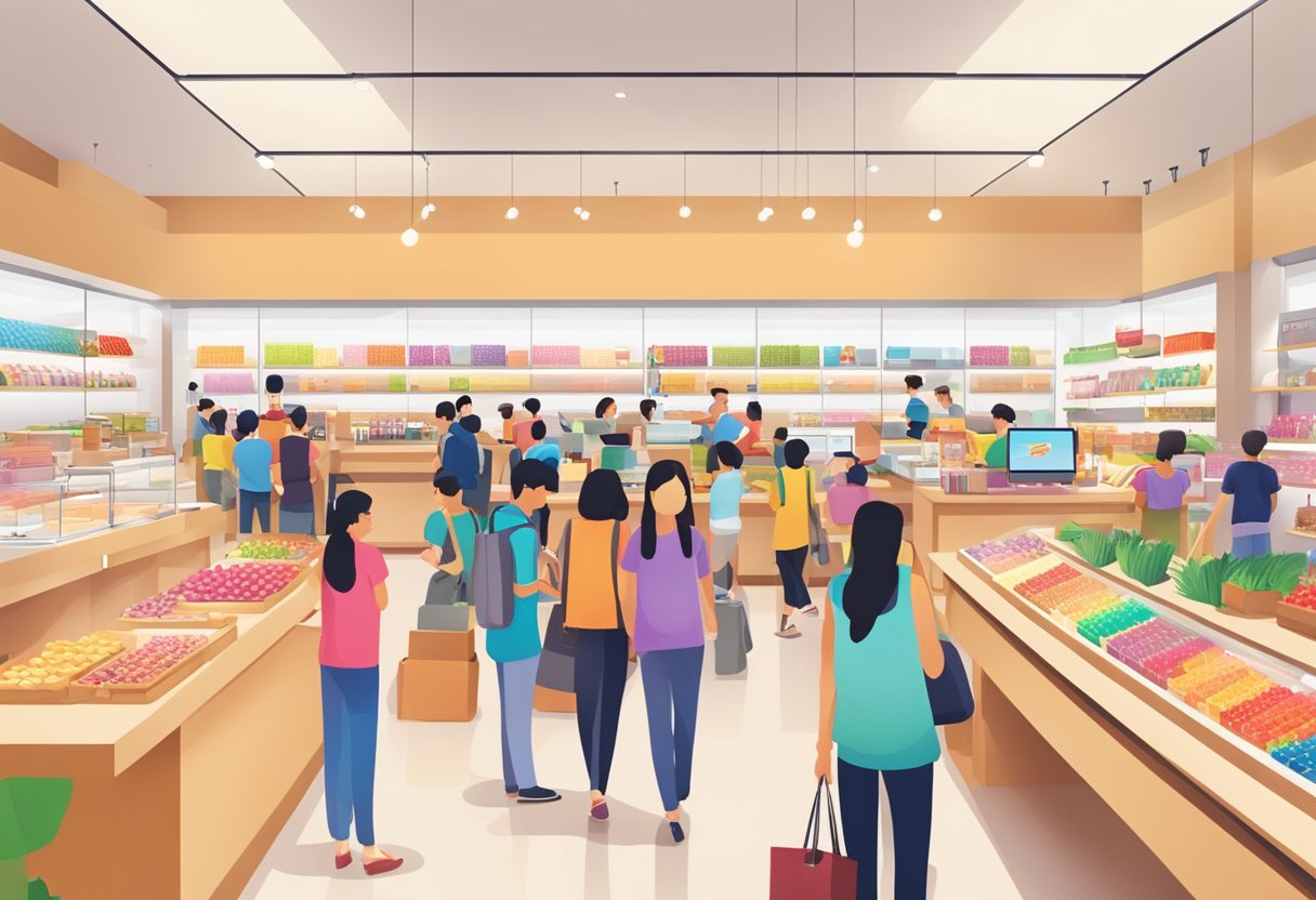 A bustling apple shop in Singapore with colorful displays and a crowd of customers browsing and purchasing products