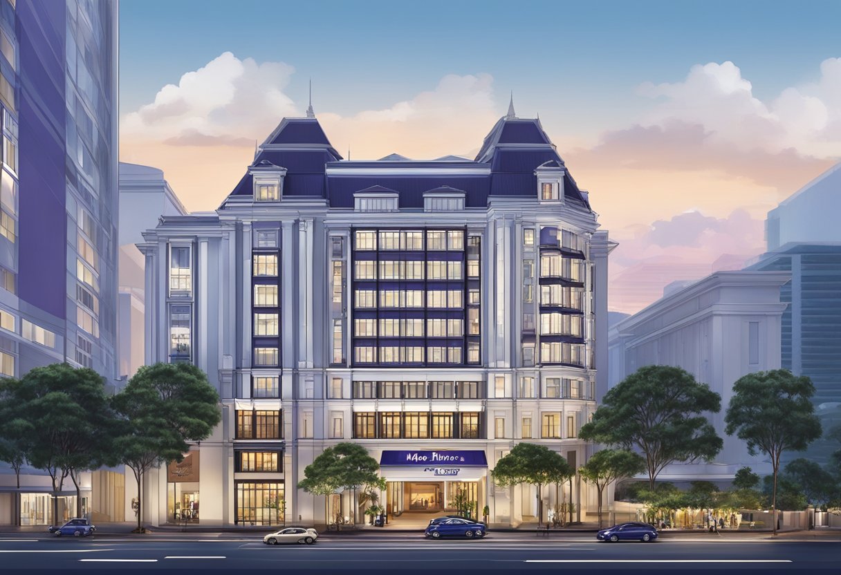 The Mercure Singapore Tyrwhitt hotel stands tall, with its modern architecture and sleek design. The surrounding area is bustling with activity, as people go about their day in the vibrant city