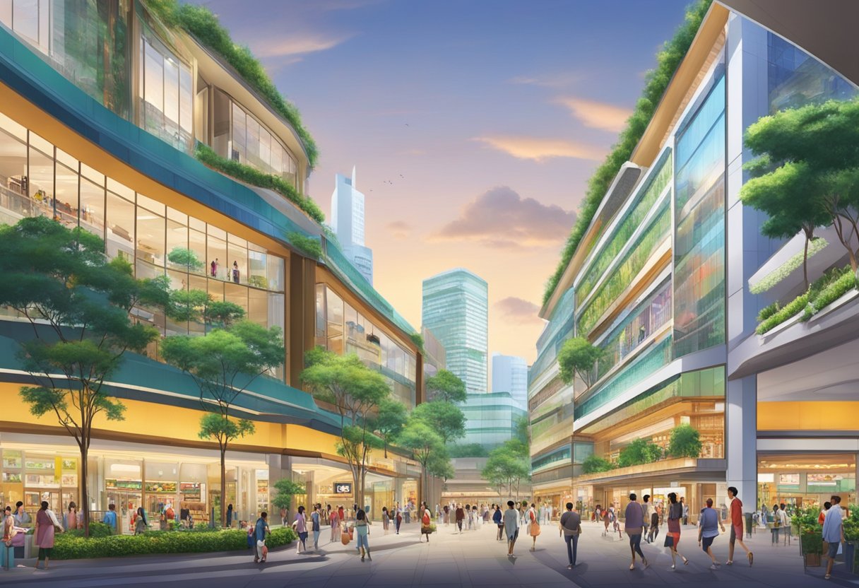 The Peninsula Shopping Centre in Singapore bustles with shoppers and vibrant storefronts, surrounded by modern skyscrapers and lush greenery