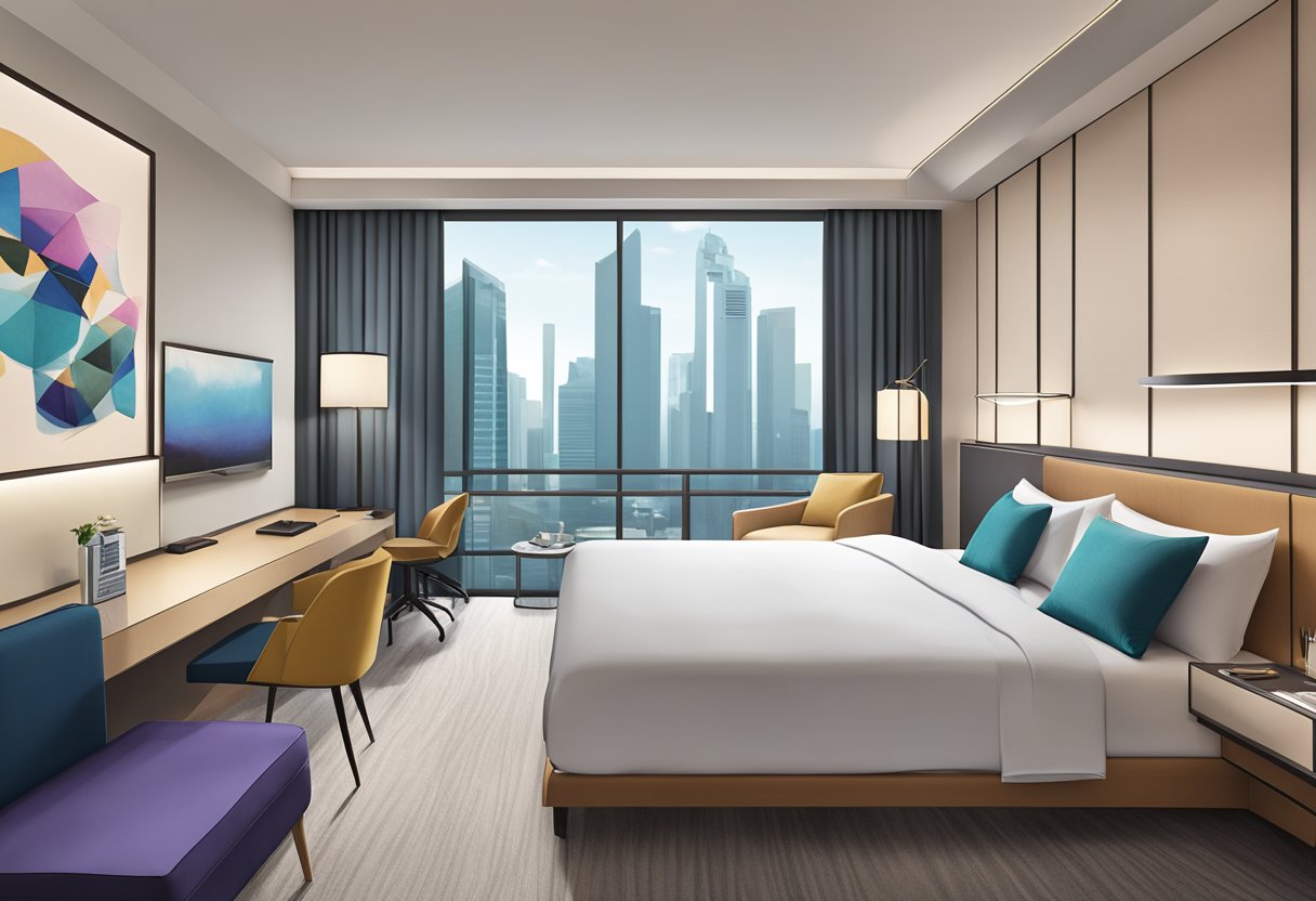 The Mercure Singapore Tyrwhitt accommodation details: a modern, stylish room with a comfortable bed, sleek furniture, and a city view