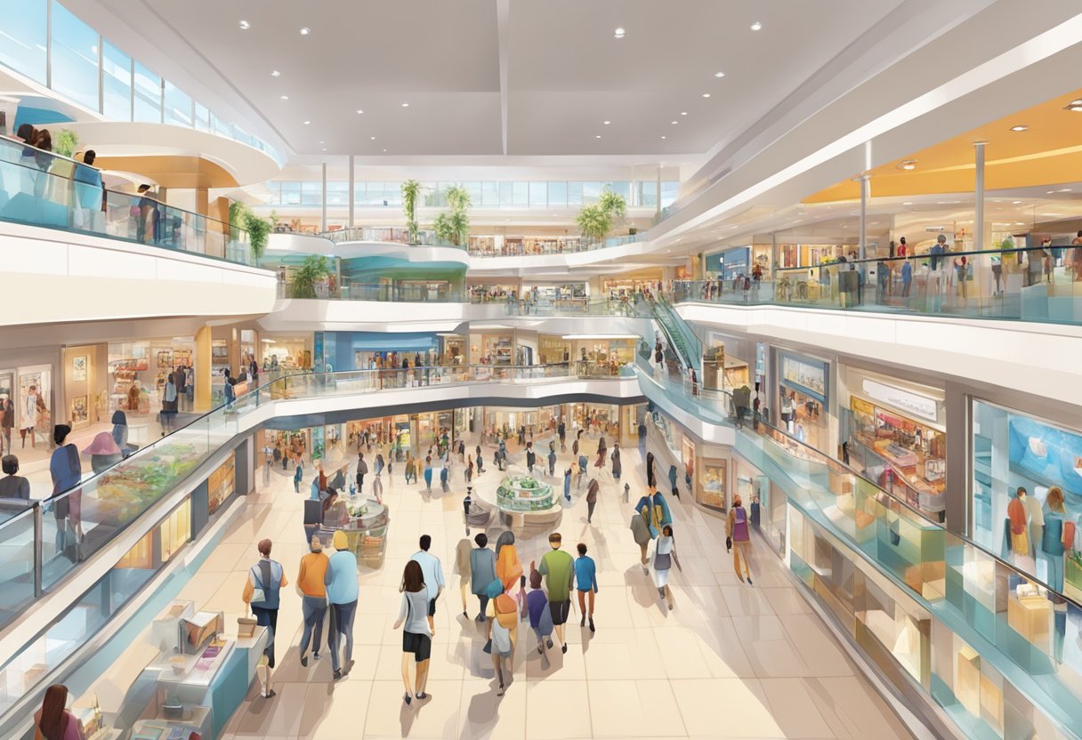 The bustling interior of Peninsula Shopping Centre, with vibrant storefronts and shoppers browsing the various shops and boutiques
