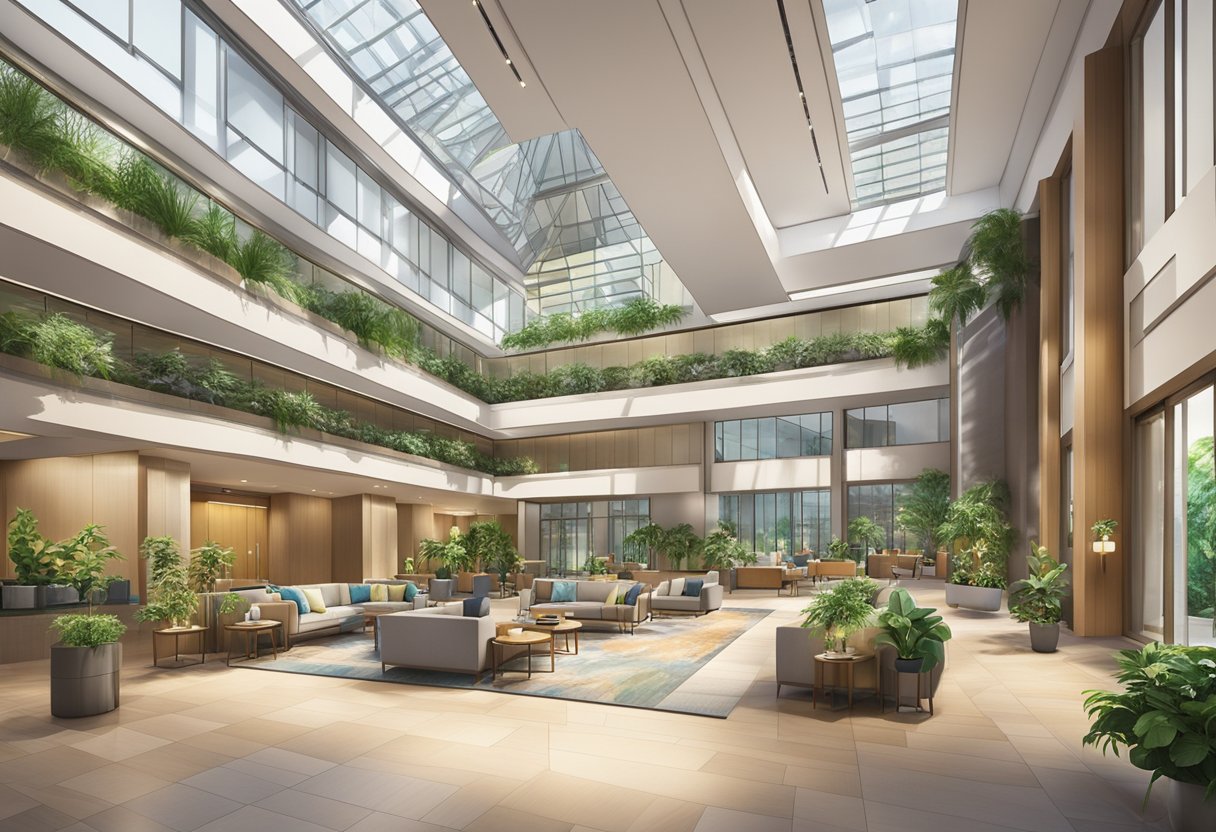 A spacious lobby with modern furnishings and a lush atrium garden, creating a serene and welcoming atmosphere for guests at Holiday Inn Singapore