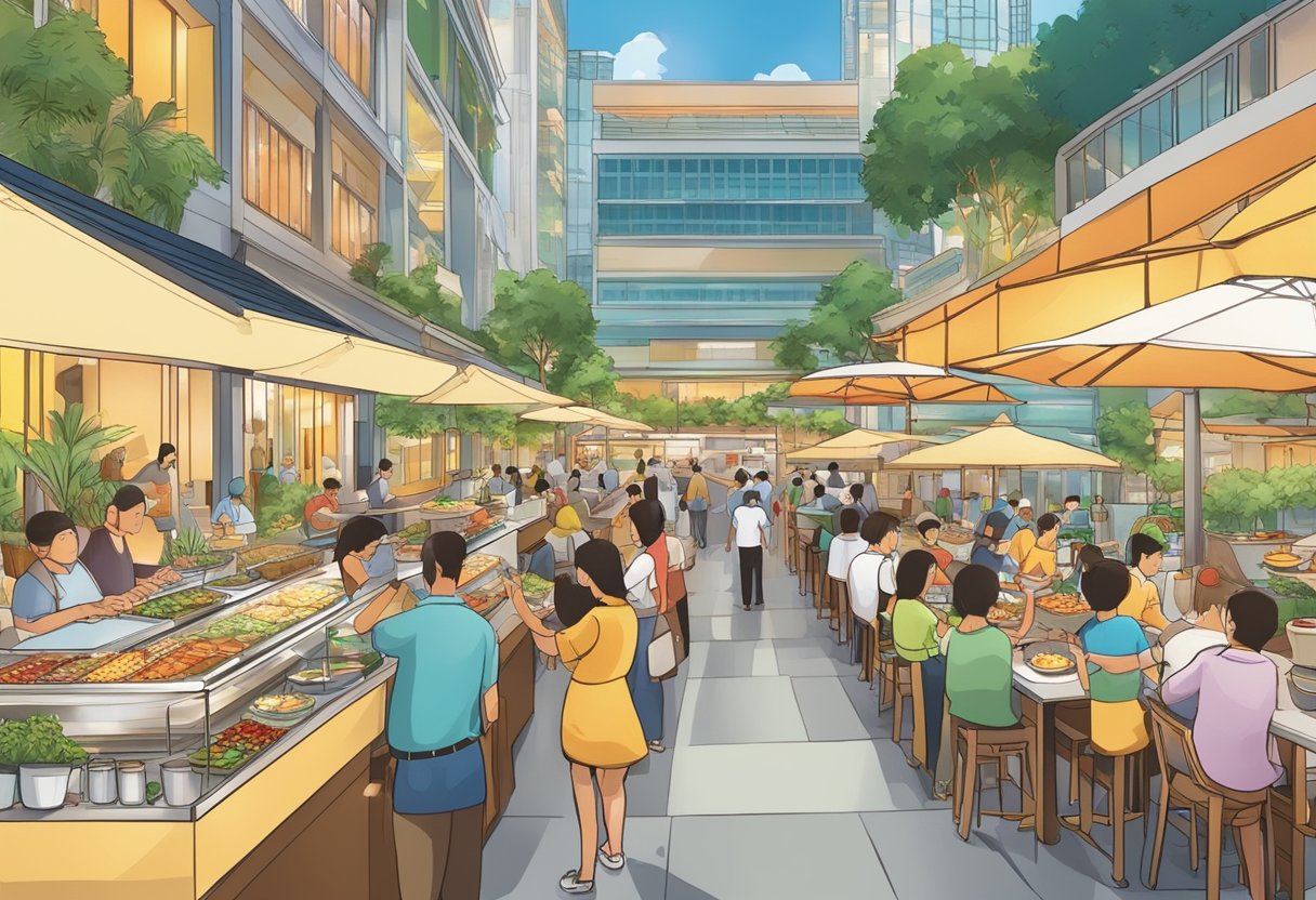 A bustling buffet town in Singapore, with a colorful array of food stations and diners enjoying a variety of cuisines