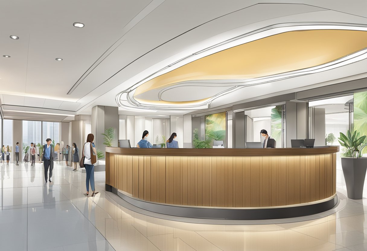 A bustling lobby with a reception desk, comfortable seating, and a large sign displaying "Frequently Asked Questions fraser place robertson walk singapore."