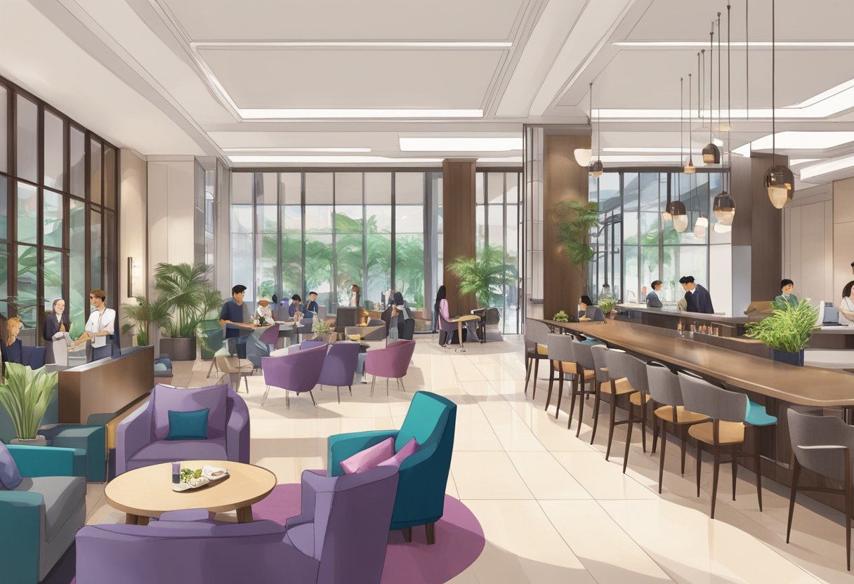 The lobby of Mercure Singapore Tyrwhitt is bustling with guests enjoying the hotel's amenities, including a fitness center, swimming pool, and a stylish restaurant and bar