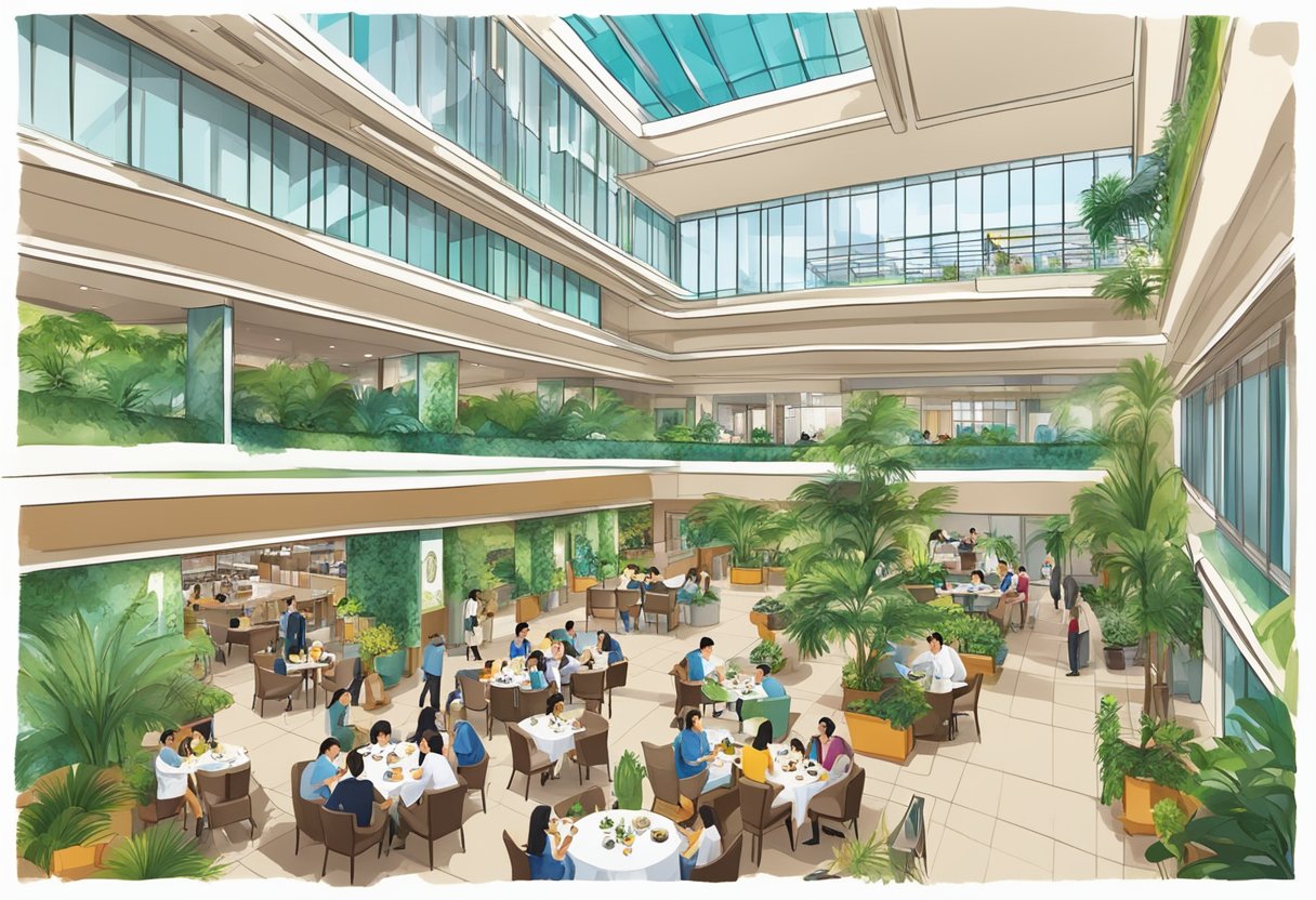 The bustling atrium of Holiday Inn Singapore, filled with diners and leisure seekers, surrounded by lush greenery and modern architecture
