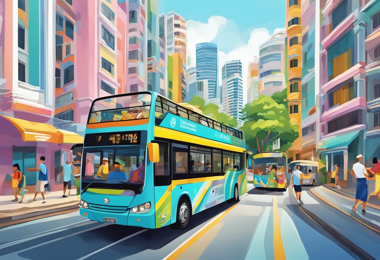 The colorful hop on hop off bus winds through the vibrant streets of Singapore, passing by iconic landmarks and bustling neighborhoods