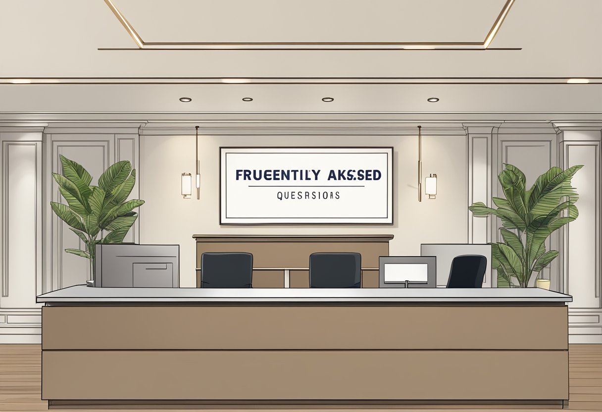 A reception desk with a sign reading "Frequently Asked Questions" at Mercure Singapore Tyrwhitt