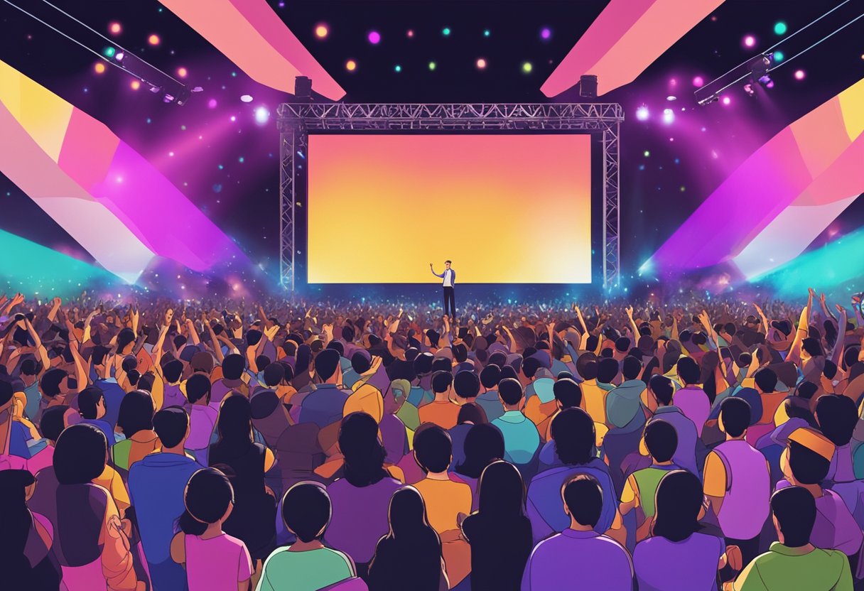 Crowd cheering, colorful stage lights, and a large LED screen displaying the performer's name at the "Concert Details iu singapore concert"