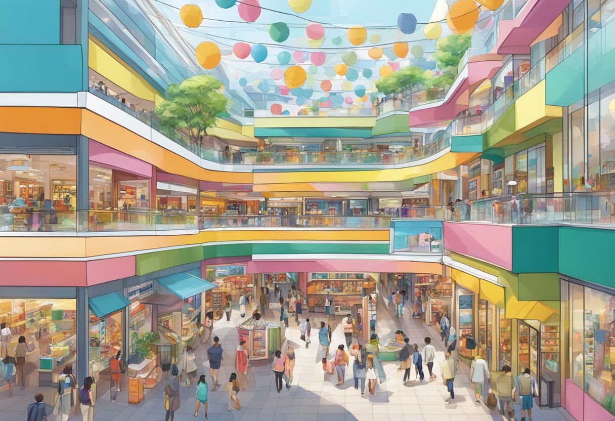 The bustling Peninsula Shopping Centre in Singapore, with people browsing and shopping, surrounded by colorful storefronts and vibrant signage