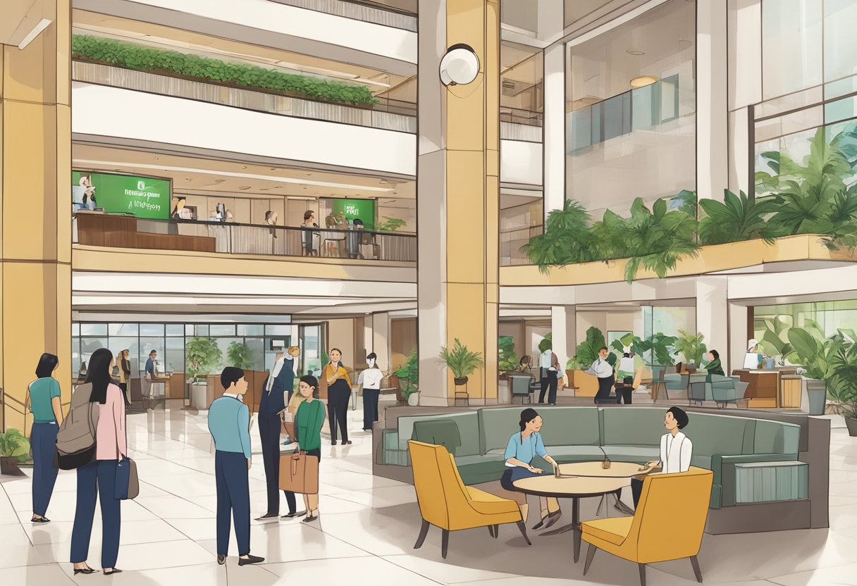 The bustling lobby of Holiday Inn Singapore Atrium, with guests checking in, staff assisting, and a prominent "Frequently Asked Questions" sign