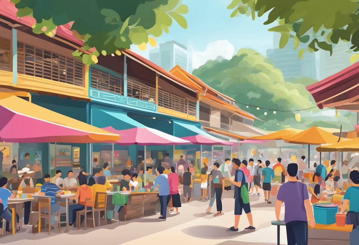A bustling hawker center in Singapore, with colorful food stalls and a mix of locals and tourists enjoying the vibrant atmosphere