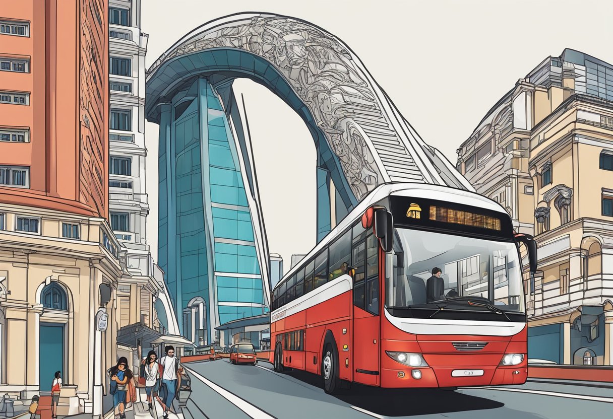 A red double-decker bus winds through bustling Singapore streets, passing iconic landmarks like the Merlion and Marina Bay Sands