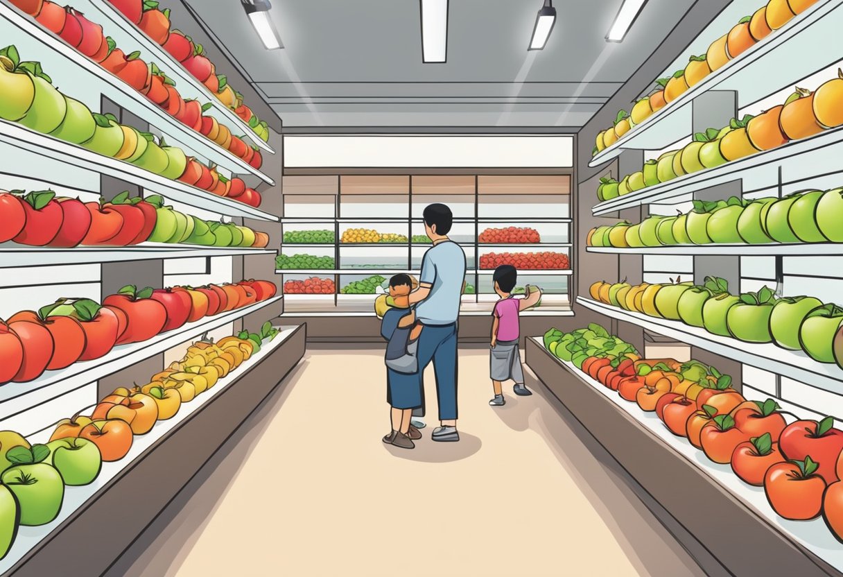 Customers browse colorful displays of fresh apples in a modern, bright apple shop in Singapore. Shelves are neatly organized with various apple varieties