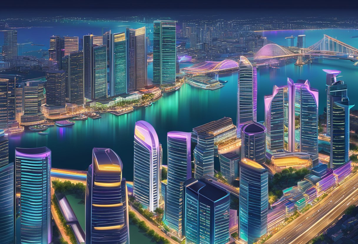 The bustling streets of Singapore at night, with colorful neon lights illuminating the city skyline and reflecting off the waters of Marina Bay