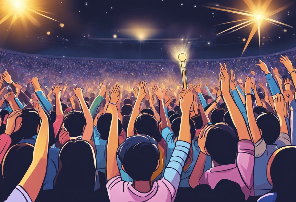Crowd cheering, waving light sticks, and singing along at a Singapore concert. Fans eagerly engaging with the performance