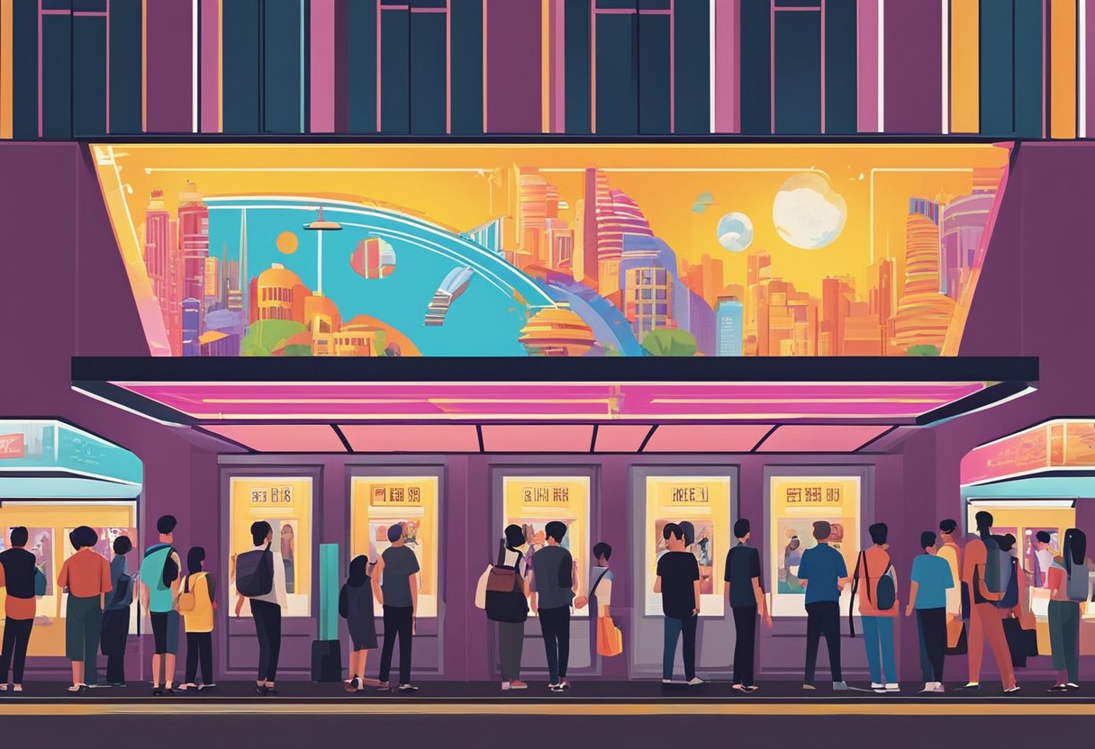 Moviegoers line up outside a modern cinema in Singapore, with colorful movie posters displayed on the walls. The marquee displays the showtimes for the latest films