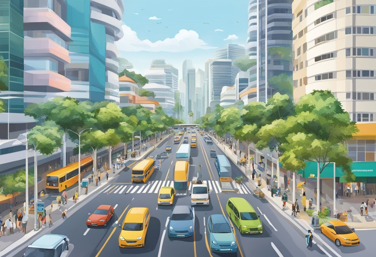 Clemenceau Avenue, UE Square, Singapore: bustling street with high-rise buildings, traffic, and pedestrians