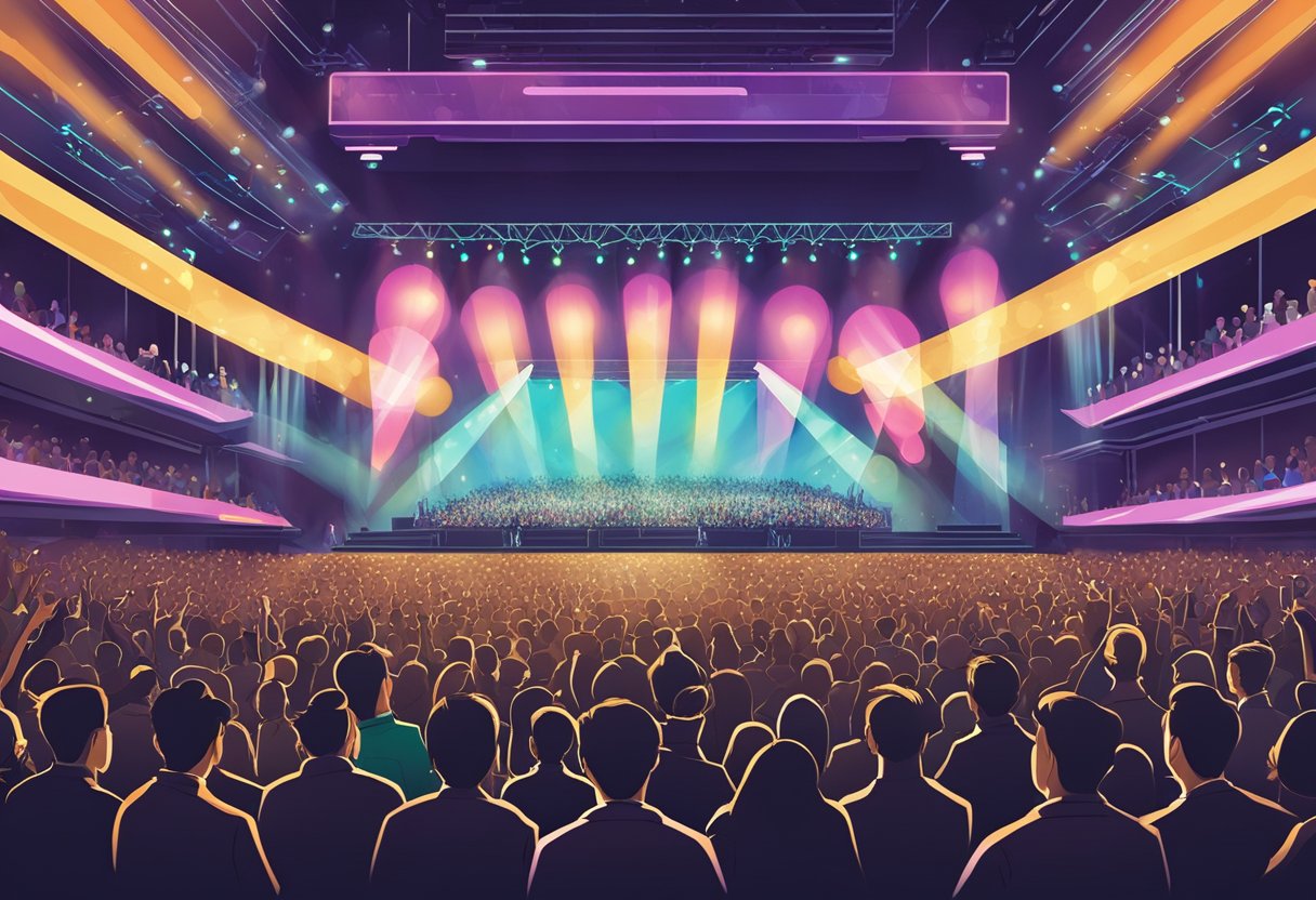 A crowded concert hall in Singapore with a large stage, bright lights, and a sea of excited fans holding up glowing phones