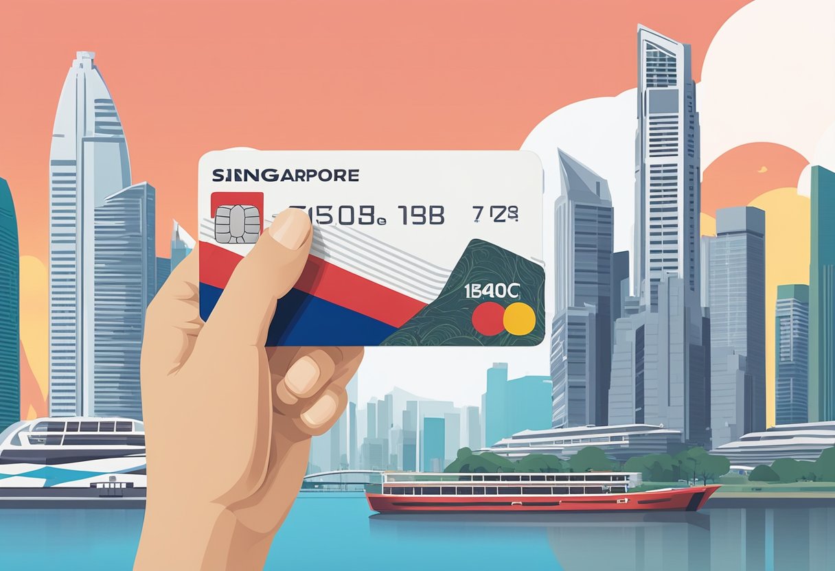 A hand holding a credit card with the Singapore flag on it, against a backdrop of iconic Singapore landmarks
