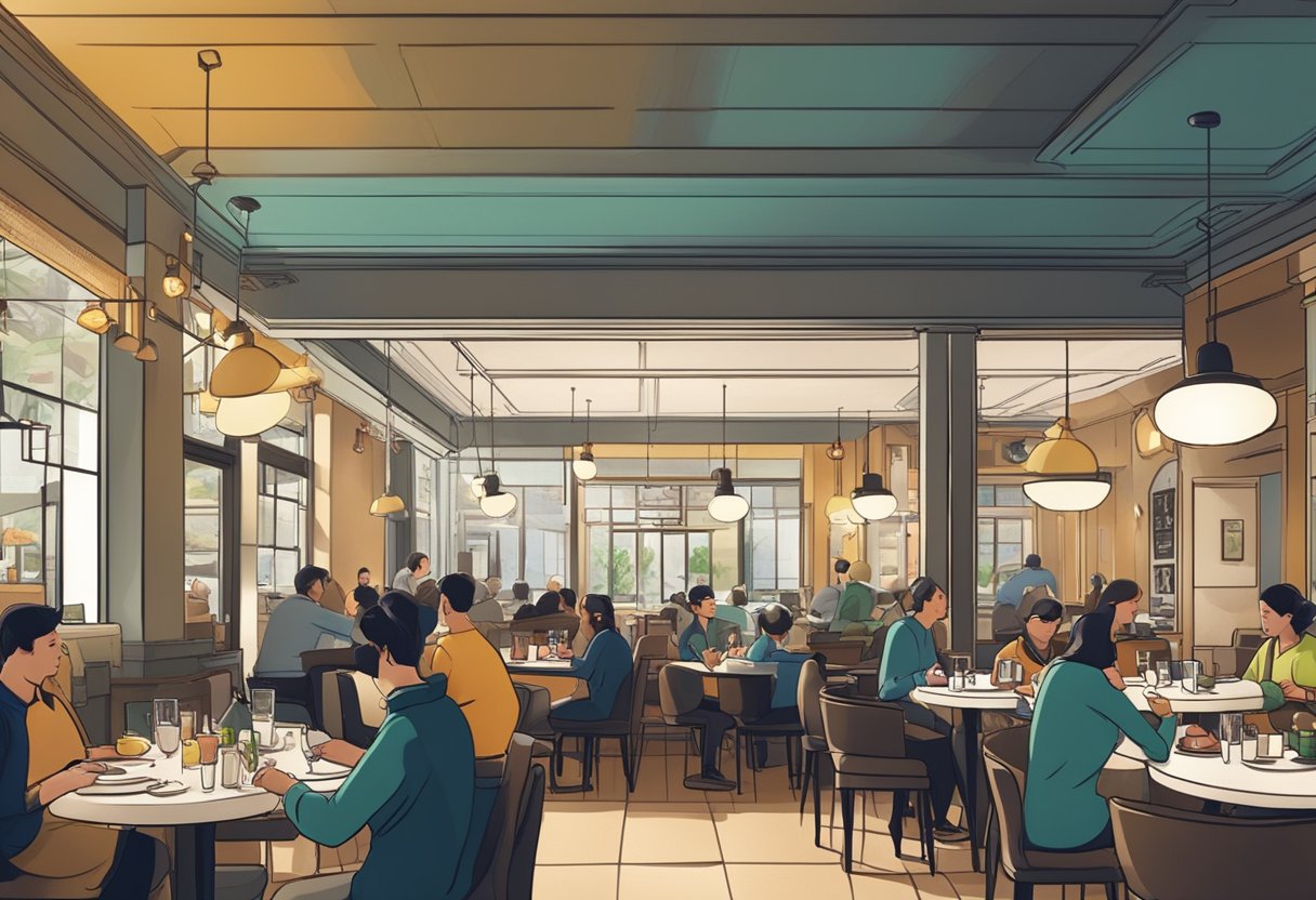 A busy restaurant interior with diners enjoying their meals, waitstaff moving between tables, and a prominent Chope logo displayed at the entrance