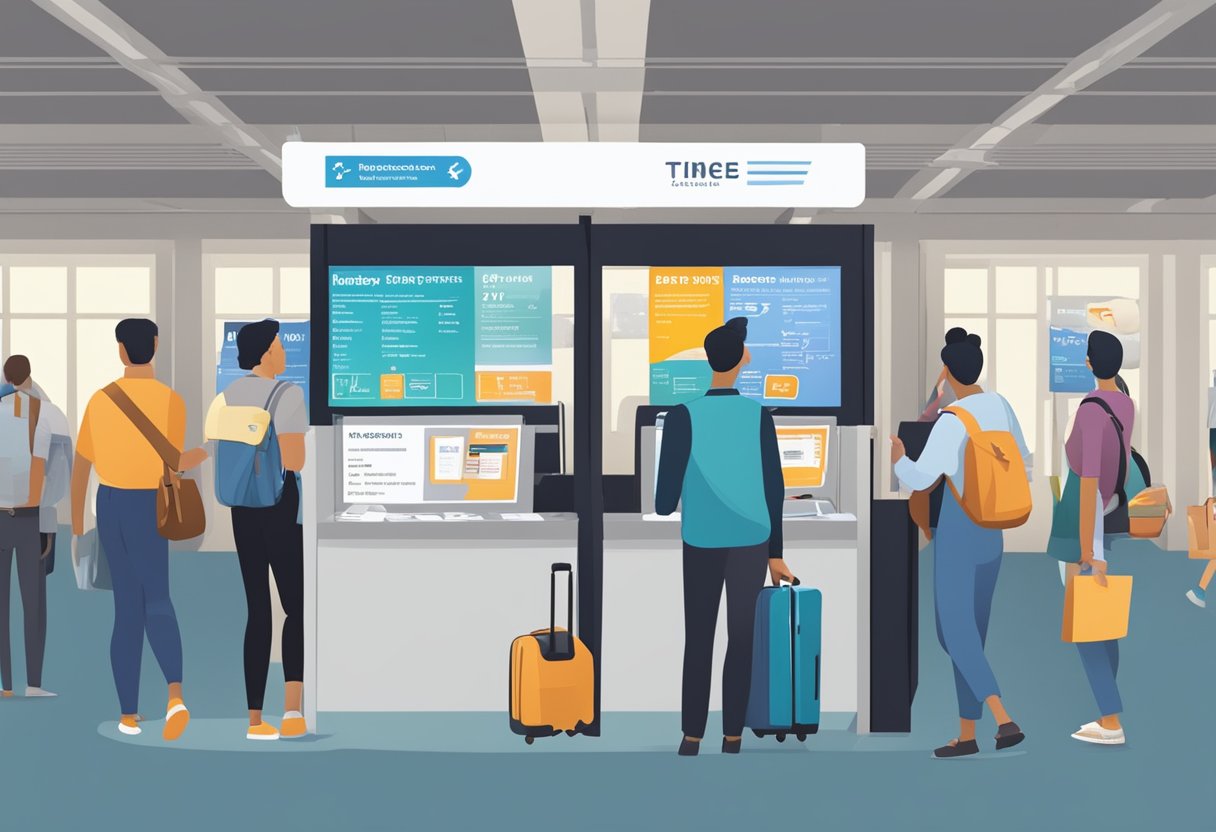 Passengers purchase tickets at a booth. Brochures and maps are displayed nearby. A sign lists departure times and stops