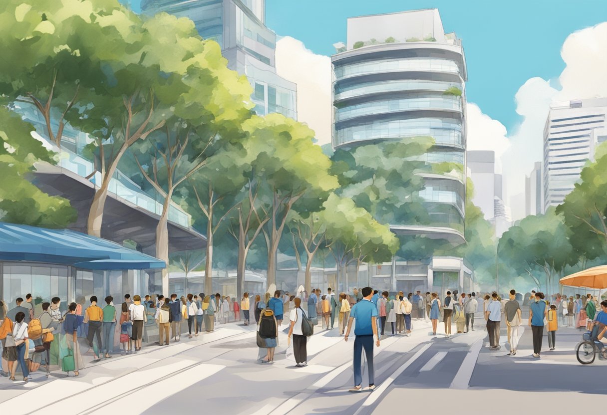 Visitors gather at Clemenceau Avenue, UE Square, Singapore. Buildings and street signs are visible