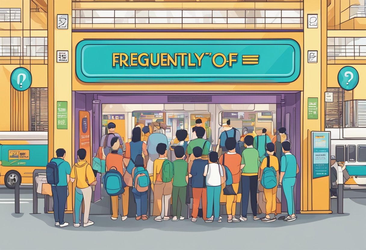 Passengers line up under a vibrant sign for "Frequently Asked Questions" at a bustling hop on hop off stop in Singapore