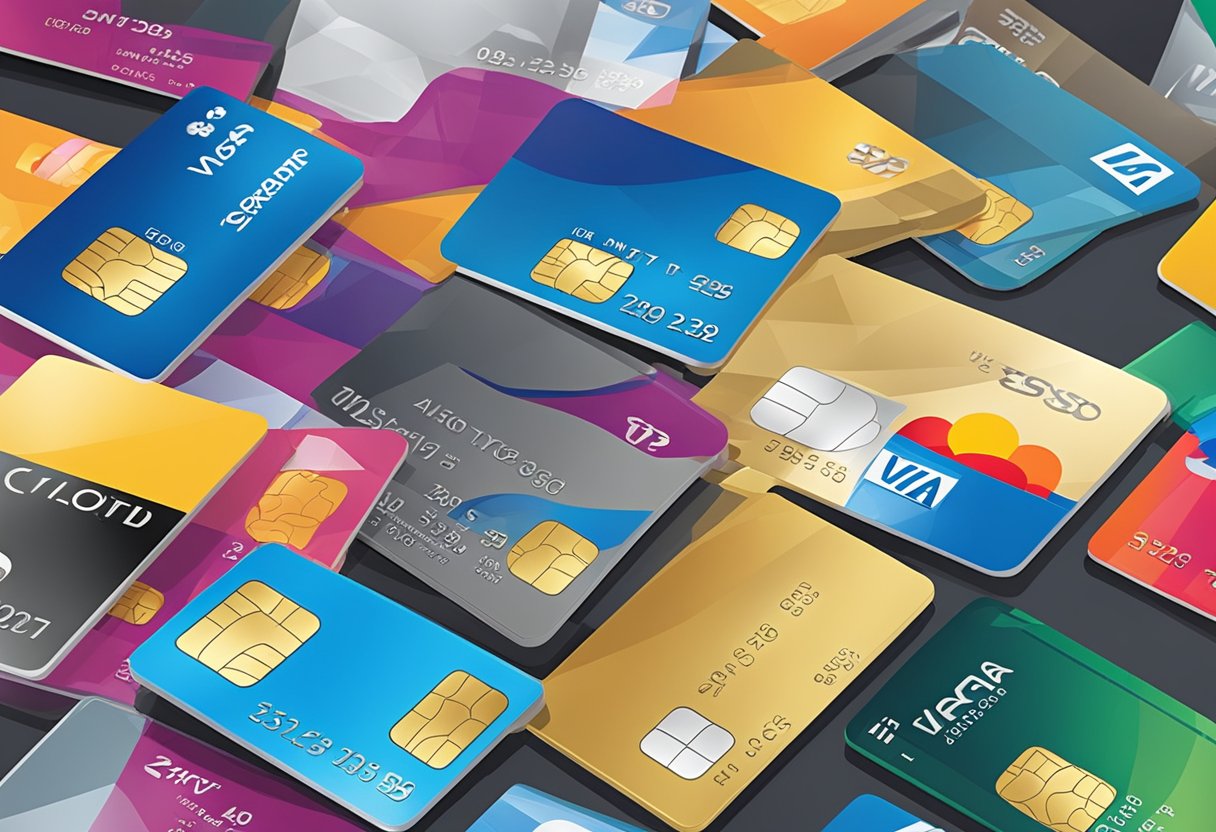 Various credit cards (Visa, Mastercard, etc.) arranged on a table with the Singapore skyline in the background