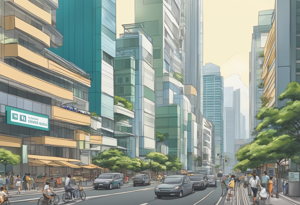 A bustling street with tall buildings and busy traffic, featuring a prominent sign reading "Frequently Asked Questions clemenceau avenue ue square singapore"