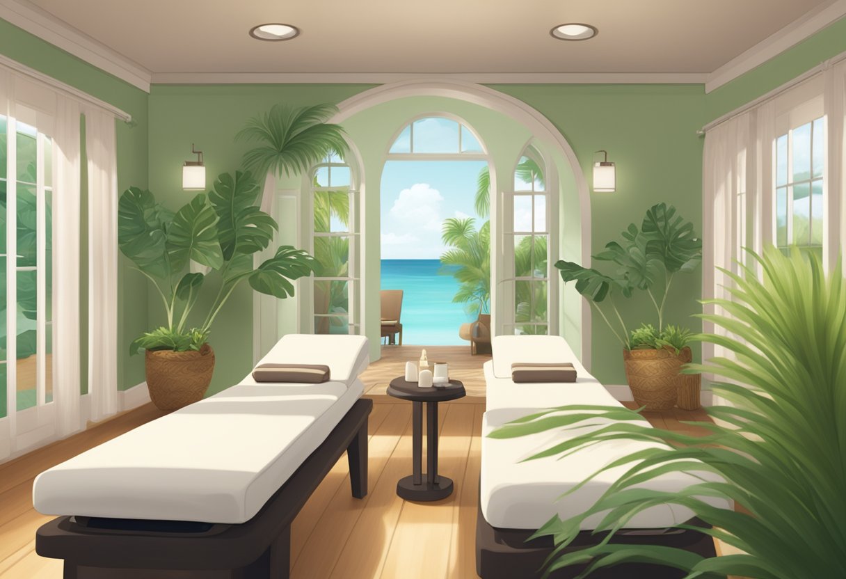 A serene spa room with two massage tables, soft lighting, and lush tropical plants. A calming soundtrack plays in the background as the couple relaxes