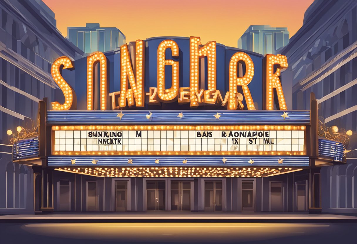 The theater marquee displays "Booking and Showtimes" in bold letters, with "Singapore" written underneath. Lights illuminate the sign against the evening sky